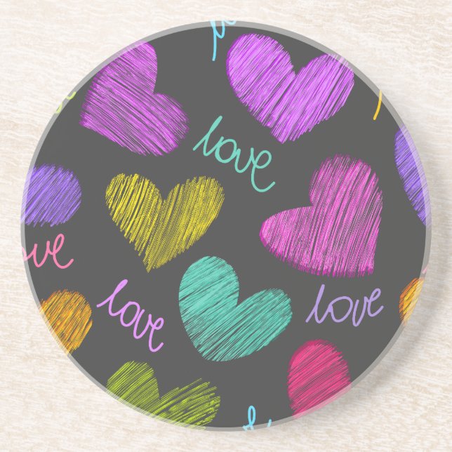 Cute Vibrant Scribbled Hearts with Love Script Drink Coaster (Front)