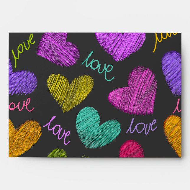 Cute Vibrant Scribbled Hearts with Love Script Envelope (Front)