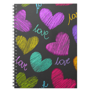 Cute Vibrant Scribbled Hearts with Love Script Notebook