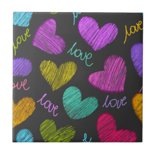 Cute Vibrant Scribbled Hearts with Love Script Tile