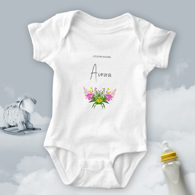 Cute Vibrant Yellow Pink Wildflower Script  Baby Bodysuit (Cute Vibrant Yellow Pink Wildflower Script Baby Bodysuit ©Susanne Sachers - Sunny Mind Design 🌞)