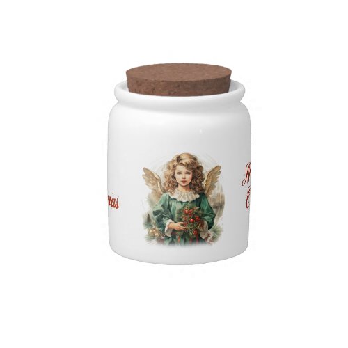 Cute Victorian angel with red holly berries wreath Candy Jar