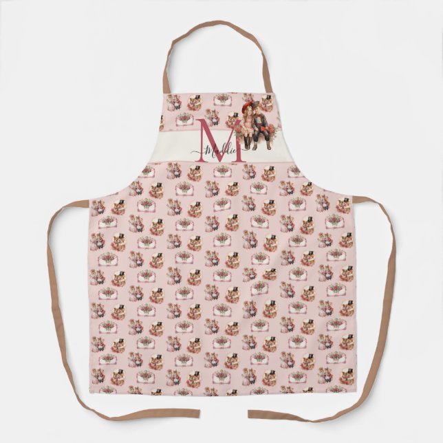 Cute Victorian animals artsy Valentine Monogram Apron (Front)
