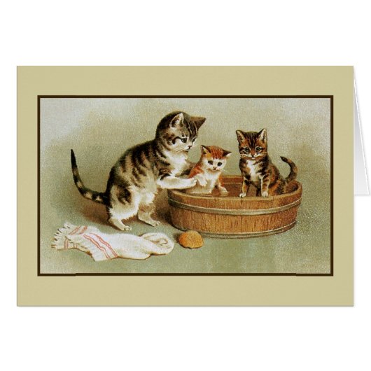 Cute Victorian cat bathing kittens in bath tub Cards (Front Horizontal)