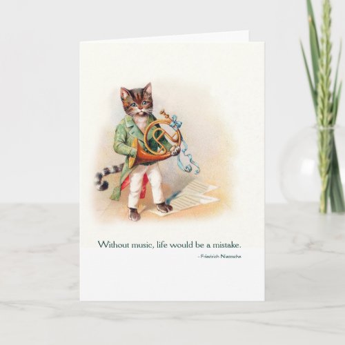 Cute Victorian Cat with French Horn _ Vintage Art Card