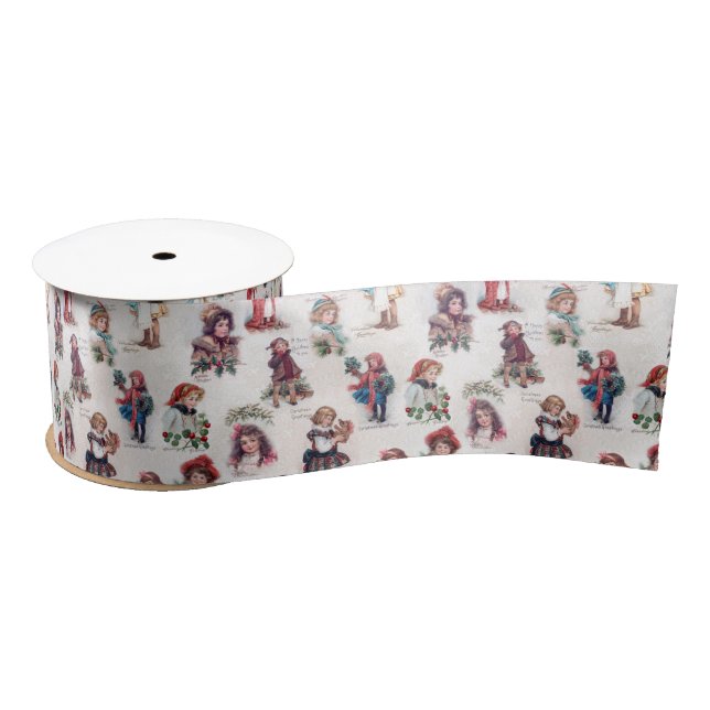 Cute Victorian Children w/Christmas Greetings Satin Ribbon (Spool)