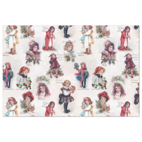 Cute Victorian Children wChristmas Greetings Tissue Paper