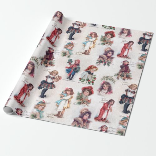 Cute Victorian Children wChristmas Greetings Wrapping Paper