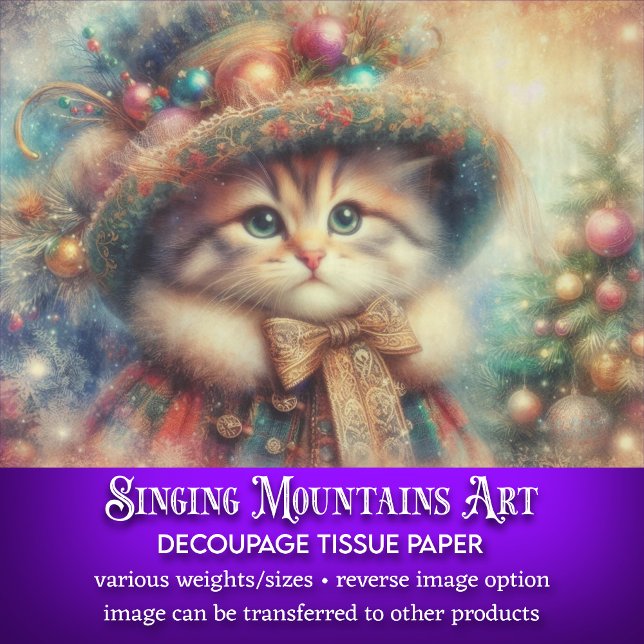 Cute Victorian Christmas Kitten and Tree Decoupage Tissue Paper (Creator Uploaded)
