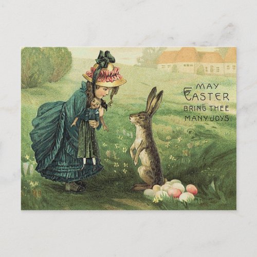Cute Victorian Girl Doll Easter Bunny Holiday Postcard
