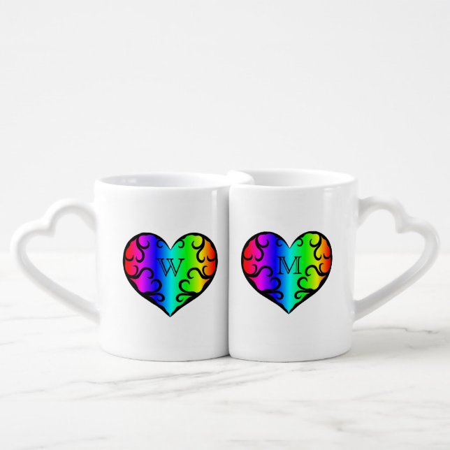 Cute victorian rainbow heart personalized monogram coffee mug set (Front Nesting)