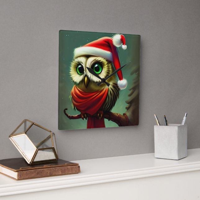 Cute Victorian Santa Owl Christmas Square Wall Clock (Office)