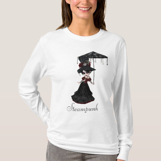 Cute Victorian Steampunk Goth Girl & Parasol T-Shirt (Front)