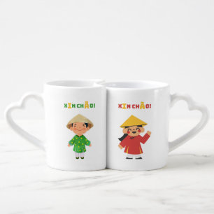 Cute Vietnamese Couple Mug Set - “Xin Chào!”