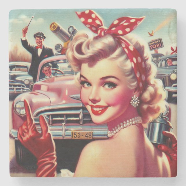 Cute Vintage 1950s Girl Stone Coaster (Front)