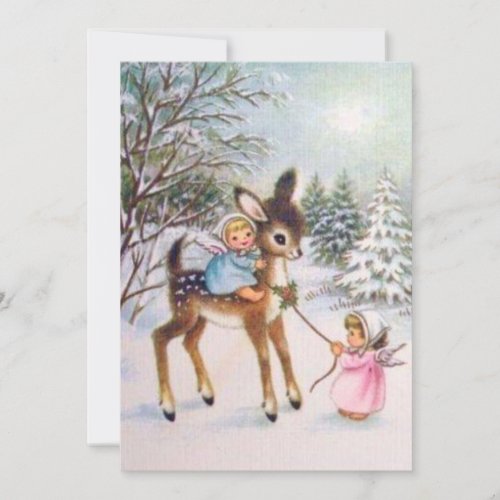 Cute Vintage Angels With Christmas Baby Deer Holiday Card