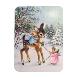 Cute Vintage Angels With Christmas Baby Deer Magnet