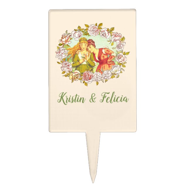 Cute Vintage Art Nouveau LGBTQ Two Brides Cake Topper (Front)