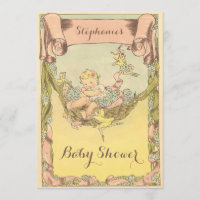 Cute Vintage Baby Girl and Fairies Baby Shower Invitation