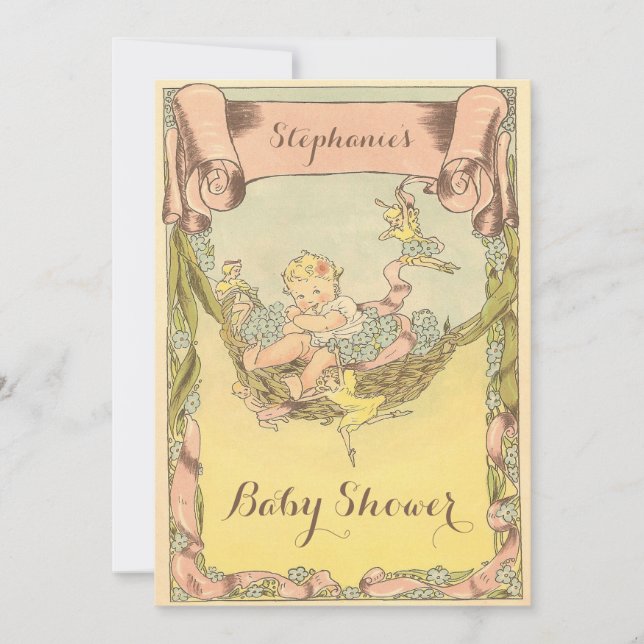 Cute Vintage Baby Girl and Fairies Baby Shower Invitation (Front)