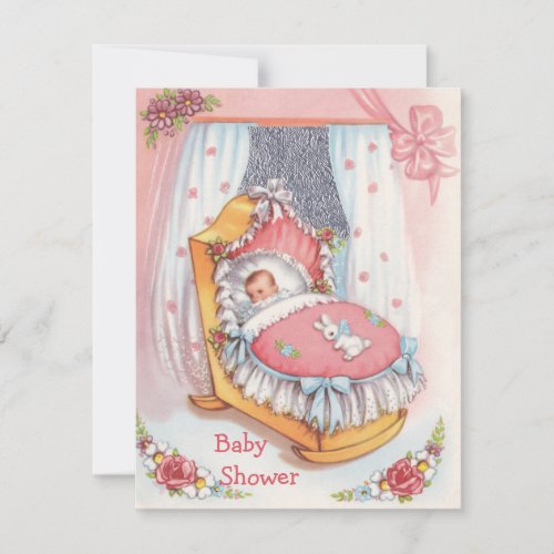 Cute Vintage Baby Girl in Crib Pink Baby Shower Invitation