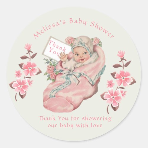 Cute Vintage Baby Girl Pink Bootie Baby Shower Classic Round Sticker