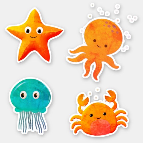 Cute Vintage Baby Octopus Starfish Crab Jellyfish  Sticker