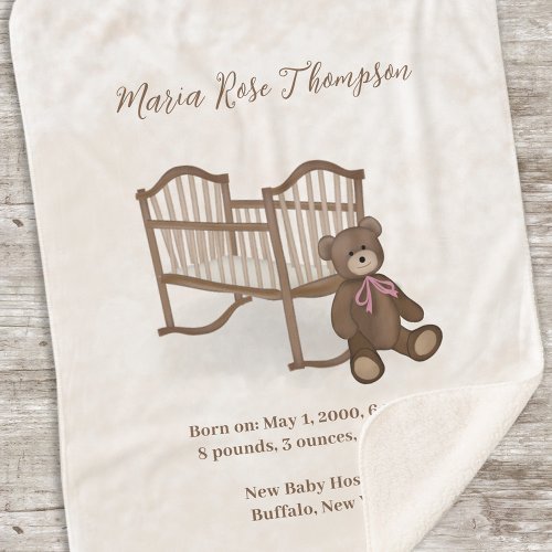 Cute Vintage Baby Stats Custom Teddy Bear Nursery Sherpa Blanket
