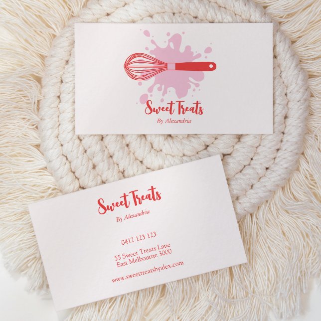 Cute Vintage Bakery Whisk Pink & Red Business Card (Creator Uploaded)