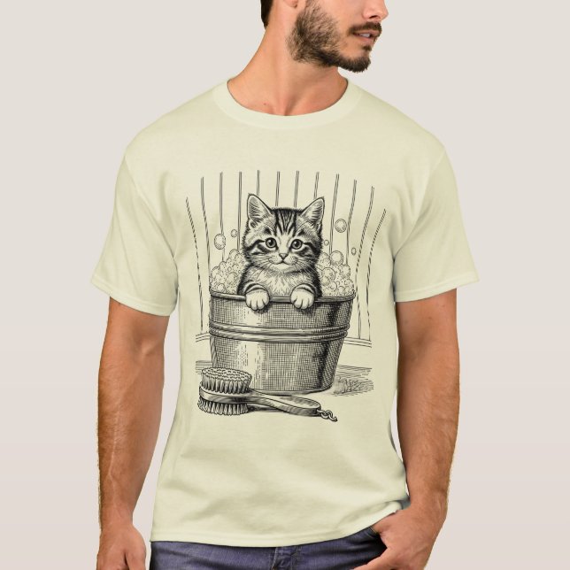 Cute Vintage Bathing Kitten  – Hand T-Shirt (Front)