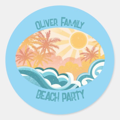 Cute Vintage Beach Waves Sunshine Blue Surf Party Classic Round Sticker