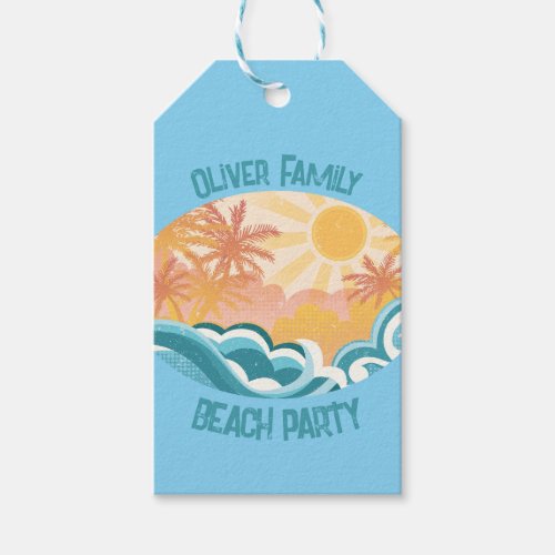 Cute Vintage Beach Waves Sunshine Blue Surf Party Gift Tags