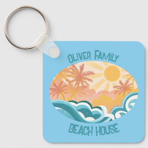 Cute Vintage Beach Waves Sunshine Blue Surfer Keychain