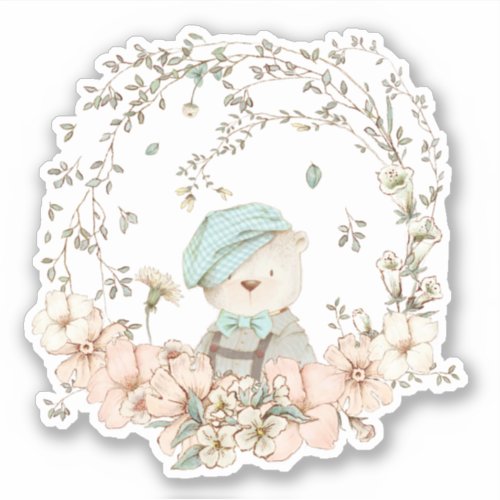 Cute Vintage Bear Botanical Florals Baby boy Sticker