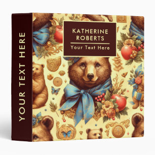 Cute Vintage Bear Watercolor 3 Ring Binder