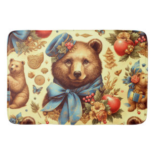 Cute Vintage Bear Watercolor Bath Mat