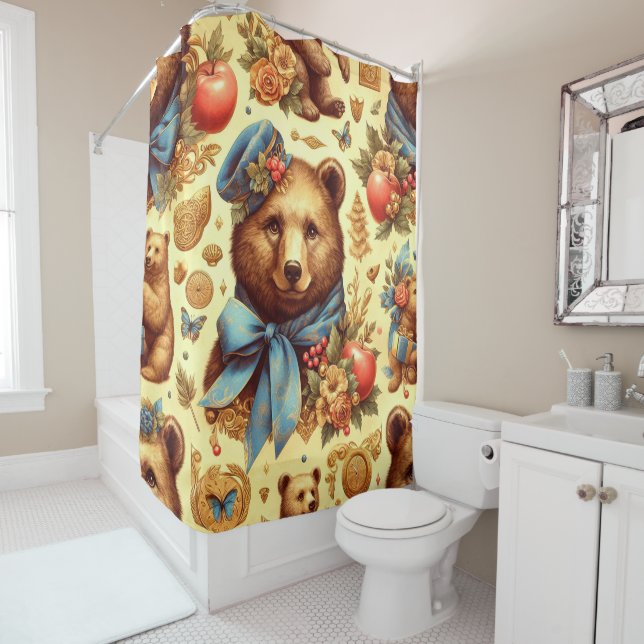 Cute Vintage Bear Watercolor Shower Curtain (In Situ)