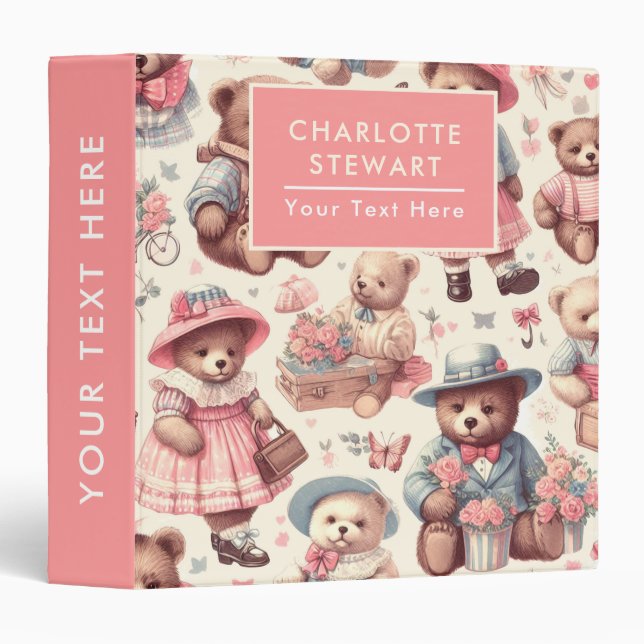 Cute Vintage Bears Seamless 3 Ring Binder (Front/Spine)