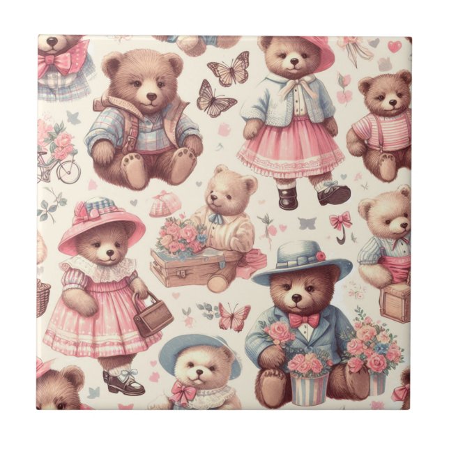 Cute Vintage Bears Seamless Ceramic Tile (Front)