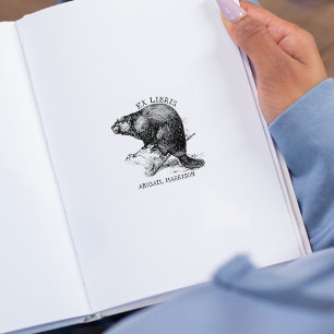 Cute Vintage Beaver, Ex Libris Book Rubber Stamp