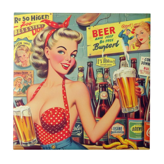 Cute Vintage Beer Pin up Ceramic Tile (Front)