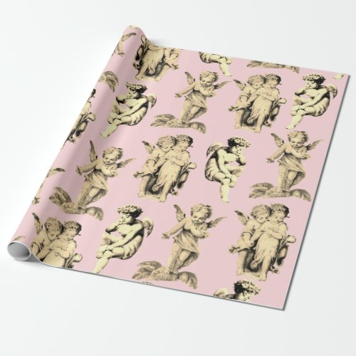 Cute Vintage Beige Cupid Angels on Pink Wrapping Paper
