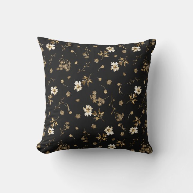 Cute Vintage Beige Wildflowers on Black Throw Pillow (Front)