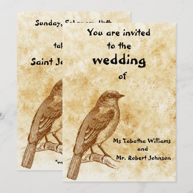Cute Vintage Bird Design Wedding Invitation (Front/Back)