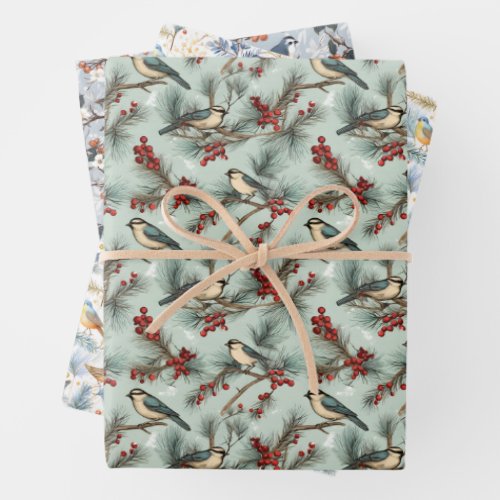 Cute Vintage Bird  Red Berry Christmas Pattern Wrapping Paper Sheets