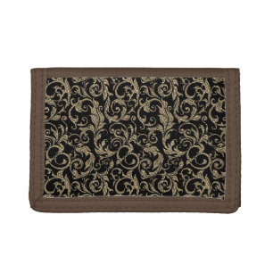 Cute vintage black brown floral pattern tri-fold wallet