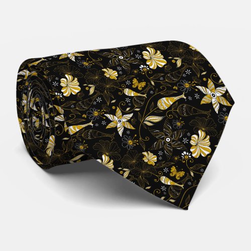 Cute vintage black golden floral background neck tie