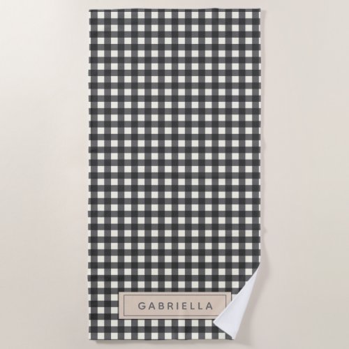 Cute Vintage Black Gray Gingham Plaid Personalized Beach Towel