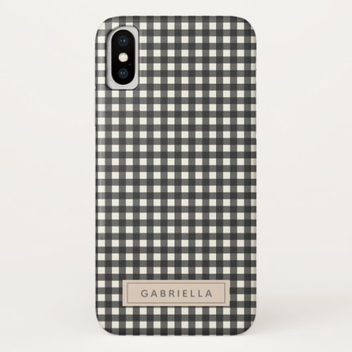 Cute Vintage Black Gray Gingham Plaid Personalized iPhone XS Case