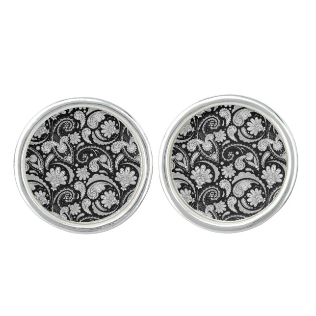 Cute vintage black white paisley patterns cufflinks (Front)